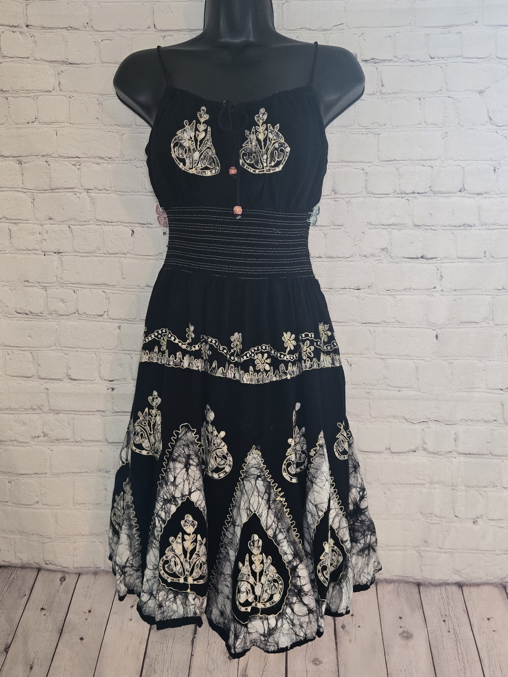 Black embroidered y2k boho indie midi dress with tie straps  smocked waist OS